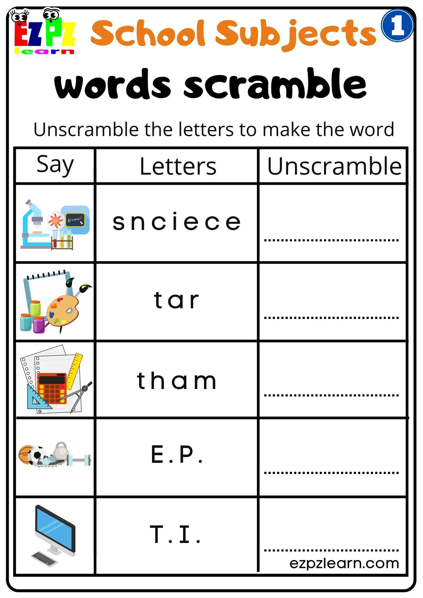 Group1 School Subjects Words Scramble Worksheet for K5 and ESL Students